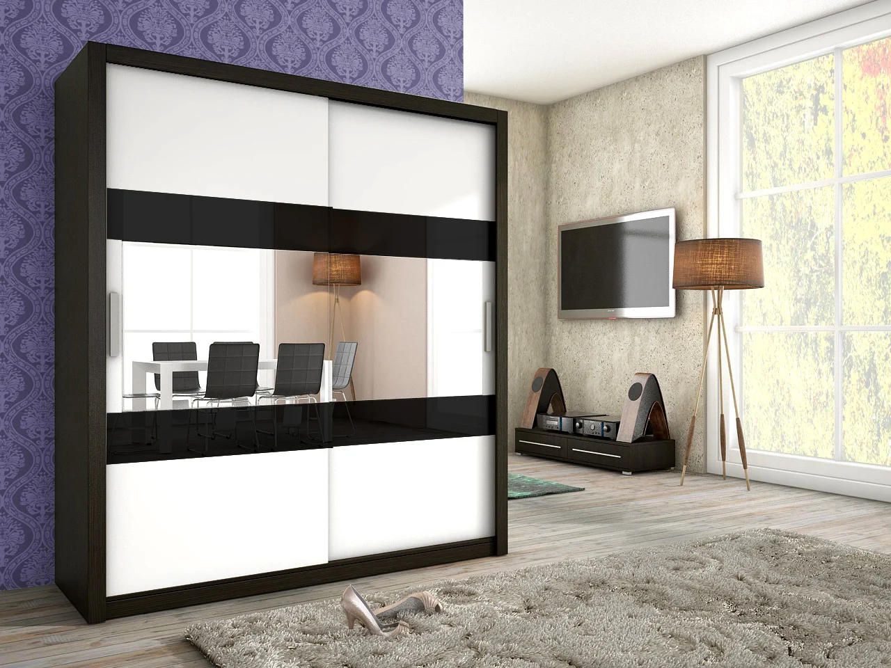 Schiebetürenschrank Schrank EMIL Wenge / Weiss +Schwarzglas 180x200 cm - Fun Moebel