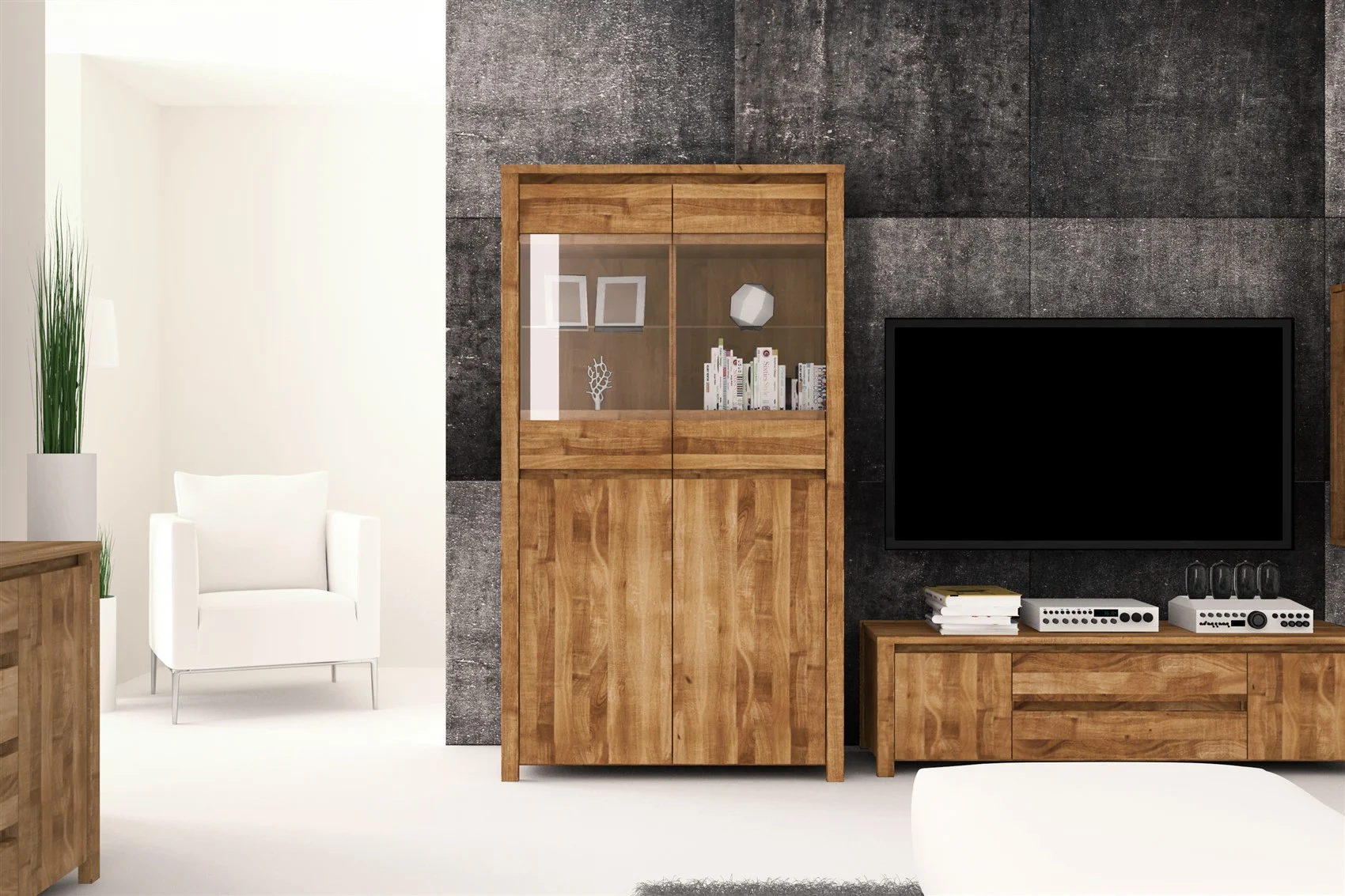 Vitrine Schrank MAISON Eiche massiv 100x180x45 cm - Fun Möbel