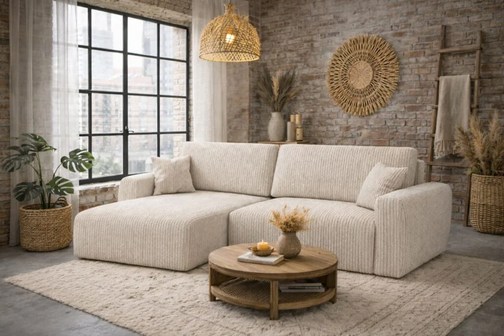 Ecksofa mit Schlaffunktion und Bettkasten, Sofa L-Form, Cordstoff Poso, Ariel XL