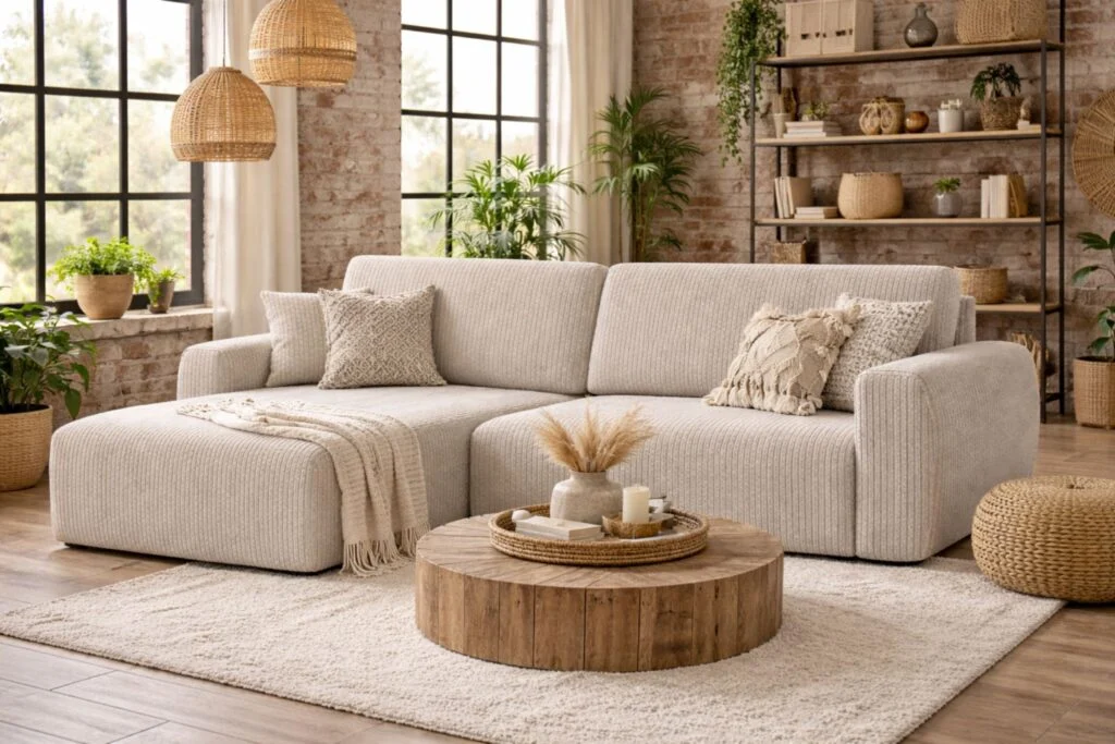 Ecksofa mit Schlaffunktion und Bettkasten, Sofa L-Form, Cordstoff Poso, Ariel L